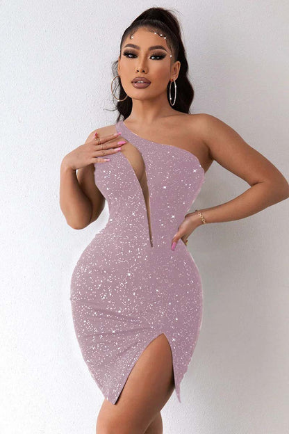 Hellodresses Black One Shoulder Sleeveless Short Homecoming Dress Sequins With Split