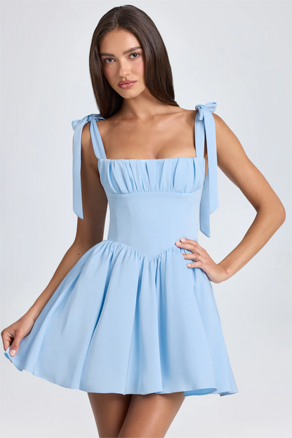 Hellodresses Sky Blue Spaghetti Strap Sleeveless Pleated A Line Short Homecoming Dress