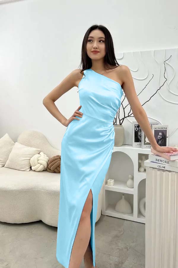 Chic Sleeveless One Shoulder Long Prom Dress With Pleated Split JQ0244