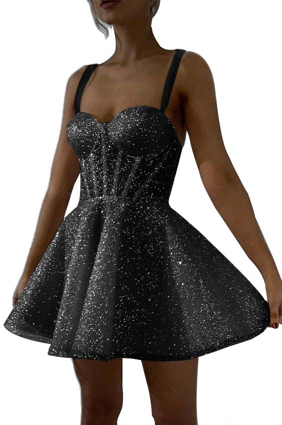 Hellodresses White Sequins Spaghetti Strap Sleeveless A Line Short Homecoming Dress