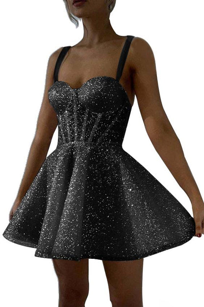 Hellodresses White Sequins Spaghetti Strap Sleeveless A Line Short Homecoming Dress