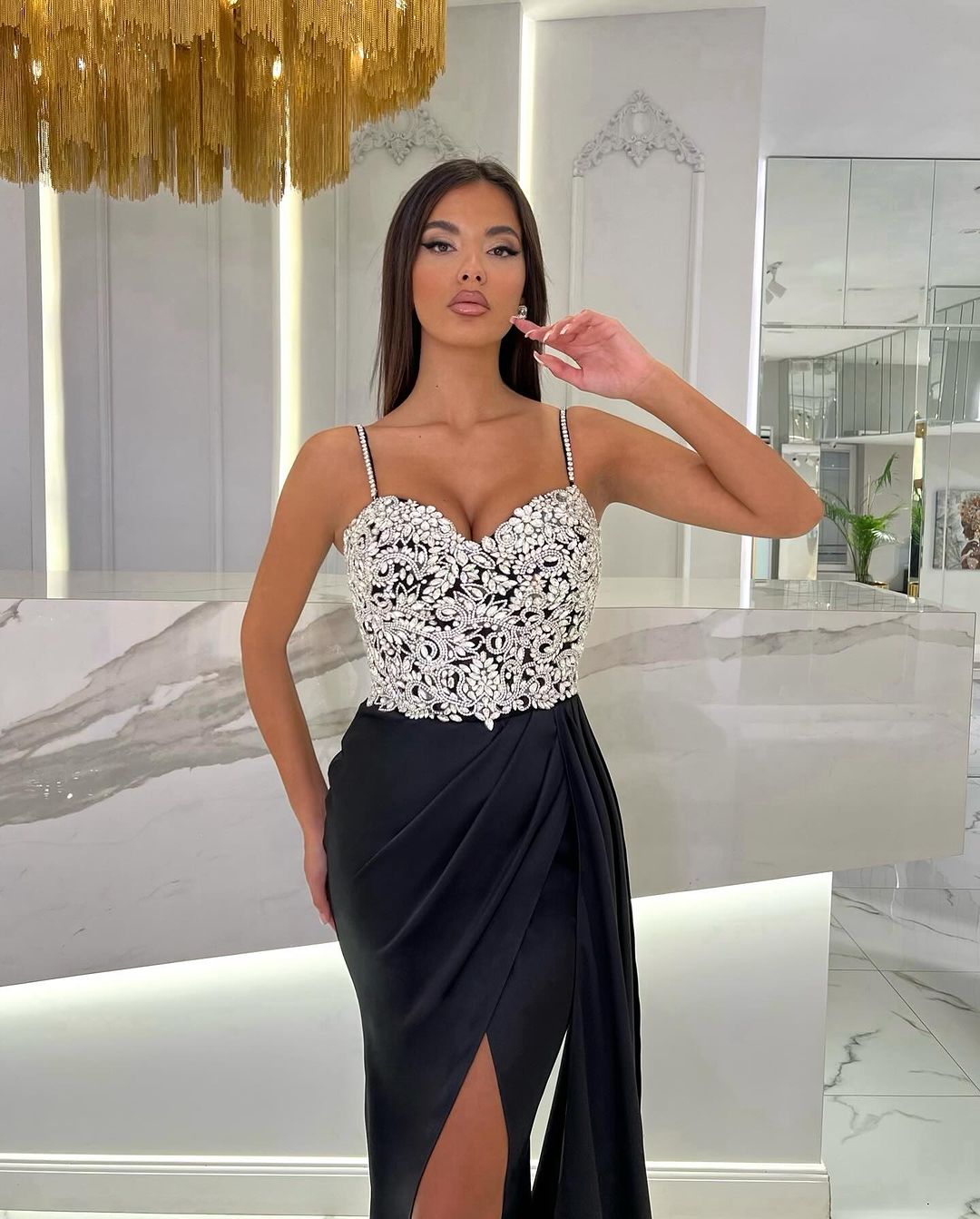 Baby Blue Prom Dress With High Slit Spaghetti Strap Sweetheart Appliques YL0309