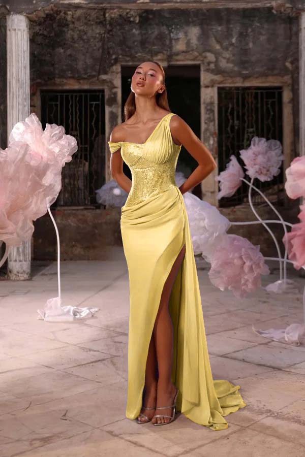 Sleeveless One Shoulder Long Split Prom Dress With Pleated Sequin JQ0247
