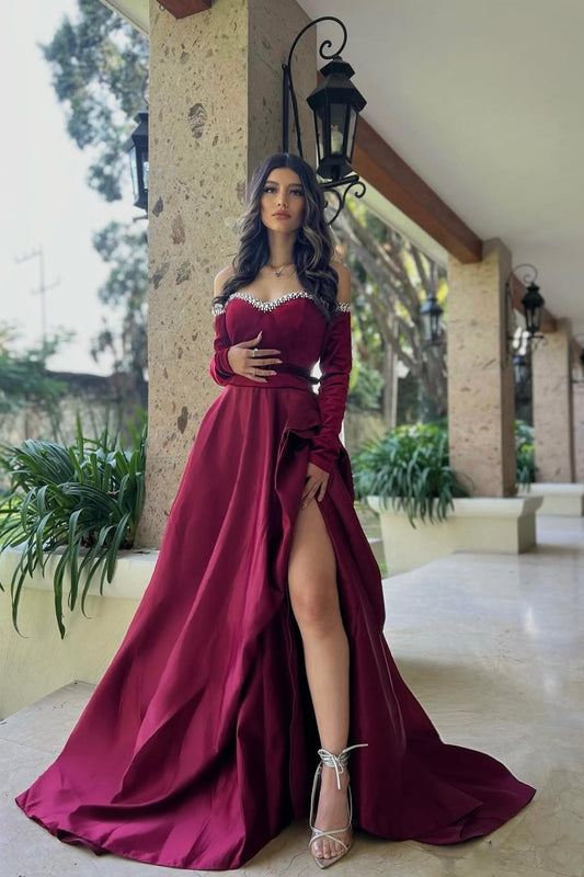 Beautiful Burgundy Satin Off the Shoulder Long Sleeves Split Prom Dress with Beadings | Zelldresses