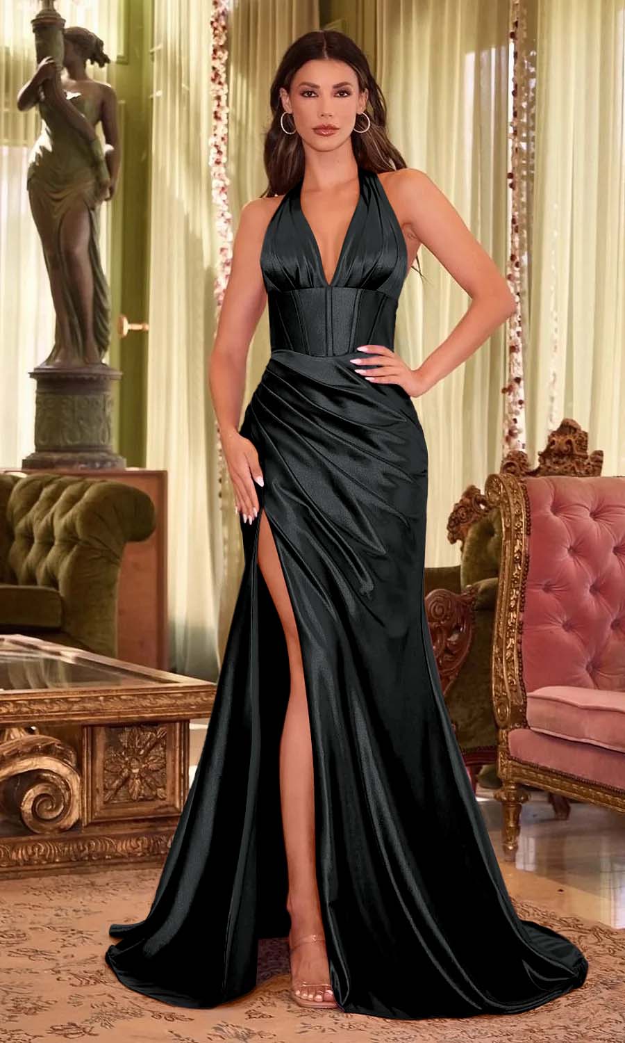 Halter Neck Sleeveless Long Mermaid Split Prom Dress With Pleated LY0640