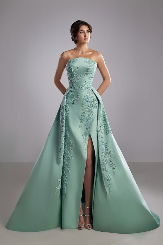 Chic Mint Green Satin Strapless Sleeveless Embroidery Split Prom Dress | Zelldresses