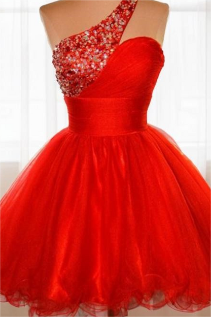 Red Tulle Sleeveless One Shoulder Ruffles Short Homecoming Dress with Sequins