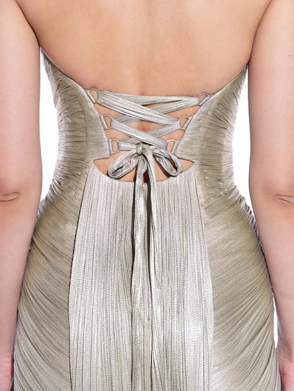 Charming Silver V Neck Sleeveless Pleated Split Prom Dress with Train | Zelldresses