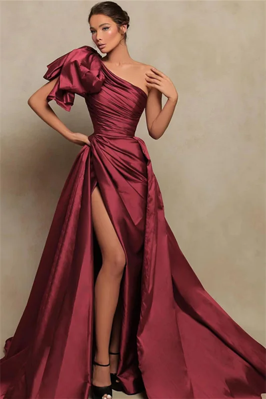 Gorgeous Burgundy One-Shoulder Split Prom Dress Mermaid | Zelldresses