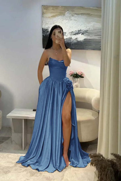 Elegant Pink Satin Strapless Beaded Sleeveless Pleated Split Prom Dress | Zelldresses