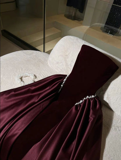 Classy A Line Strapless Pearl Dark Burgundy Velvet Satin Party Dress Wedding Guest Dress SH2923