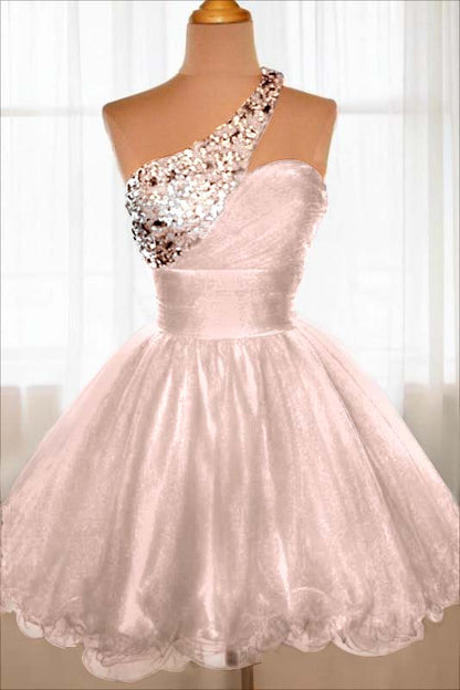 Chic Red One Shoulder Sleeveless A Line Homecoming Dress With Beadings HC0045