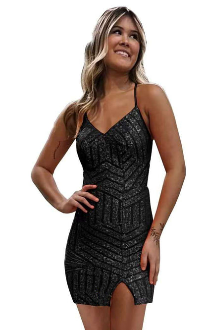 Gorgeous Orange Sequins V Neck Spaghetti Strap Sleeveless Short Homecoming Dress RO057B