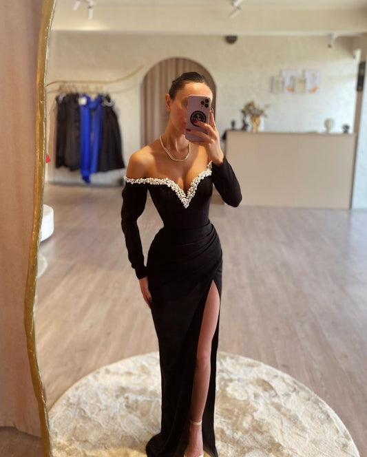 Hellodresses Chic Black Off the Shoulder Long Sleeves Split Prom Dress With Beading