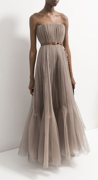 zelldressess--Fully handmade dress, custom dress, simple long tulle dress for ladies, strapless bridesmaid dress gh5711