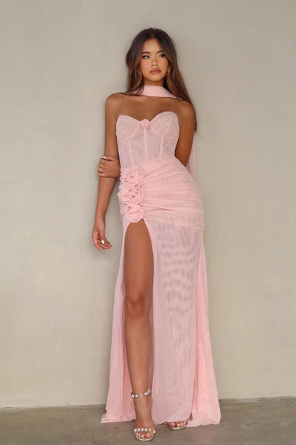 Chic Blushing Pink Chiffon Sweetheart Sleeveless Split Prom Dress with Scarf | Zelldresses
