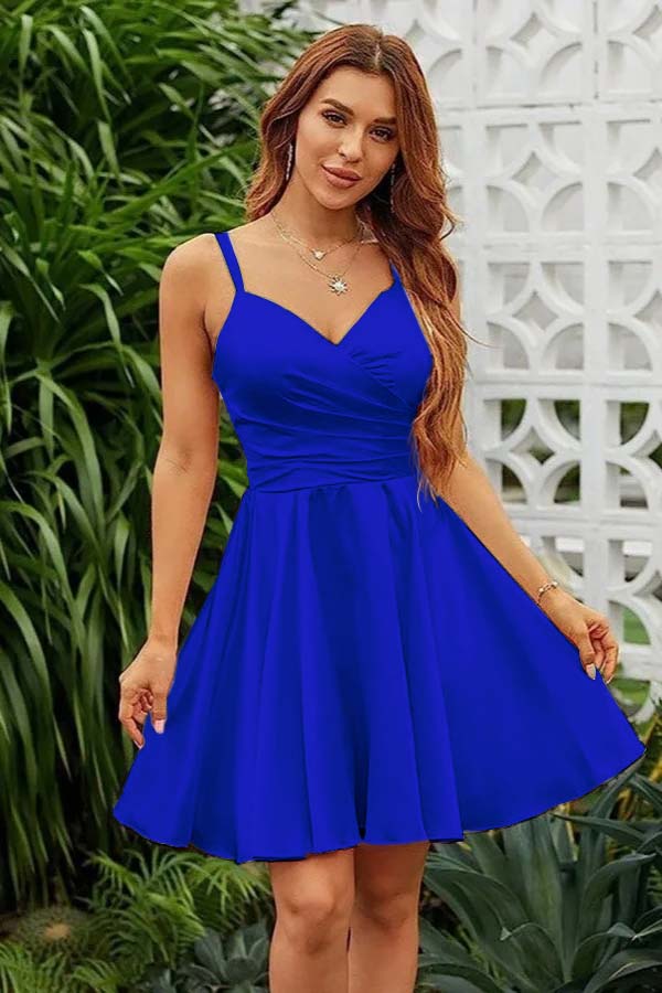 Pink Satin V Neck Spaghetti Strap Sleeveless Pleated Short Homecoming Dress YZTS072