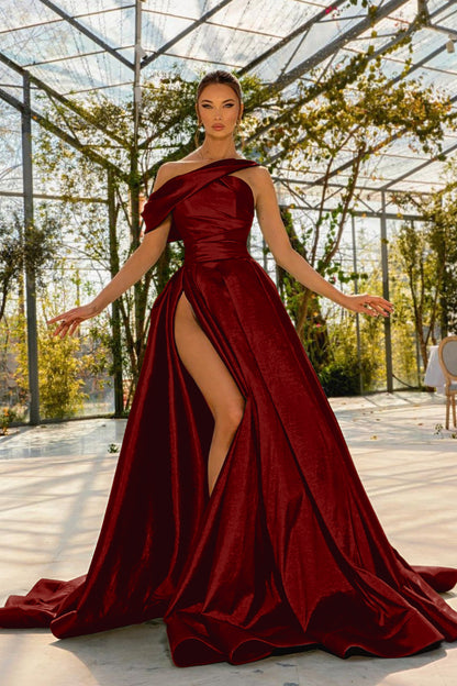 Green Prom Dress One Shoulder Satin With High Split YL0177