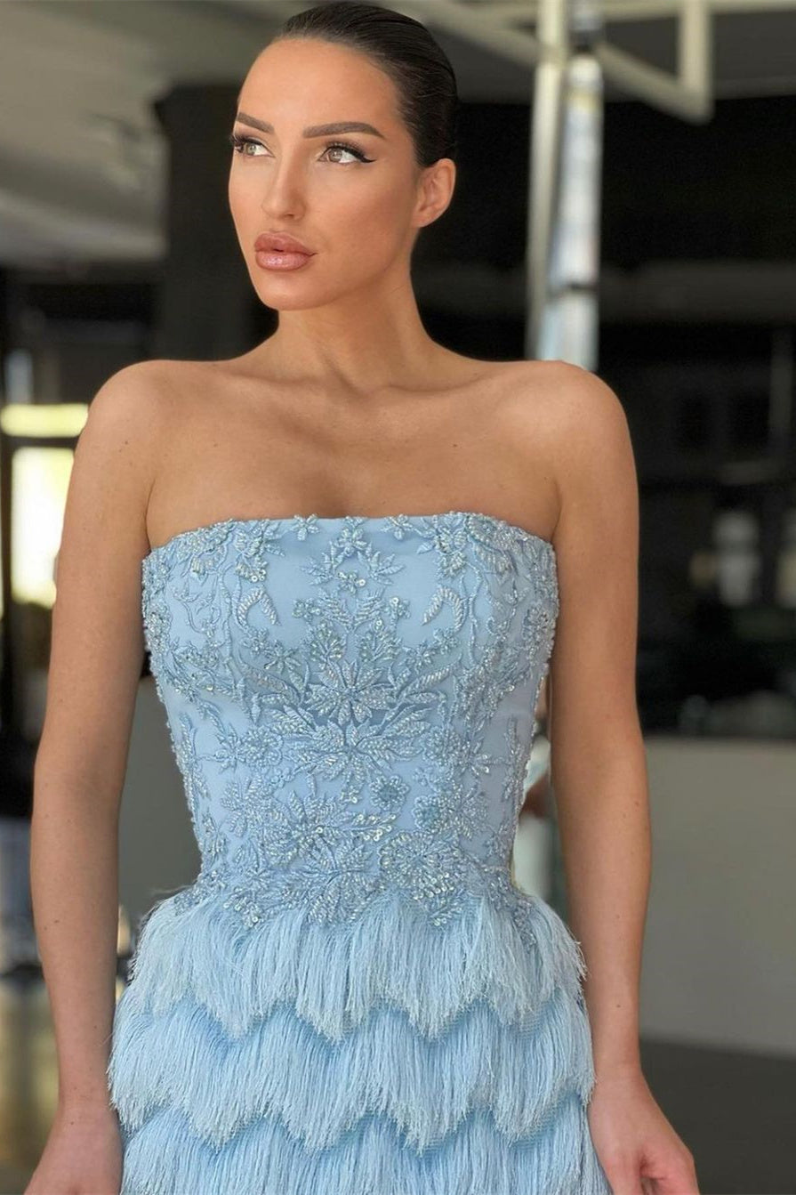 Charming Blue Prom Dress Off-the-Shoulder with Feather Beadings ED0535