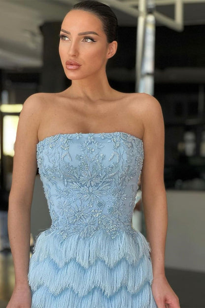 Charming Blue Prom Dress Off-the-Shoulder with Feather Beadings ED0535