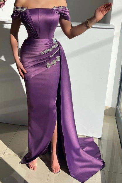 Amazing Purple Satin Off the Shoulder Strapless Long Split Prom Dress with Rhinestone | Zelldresses
