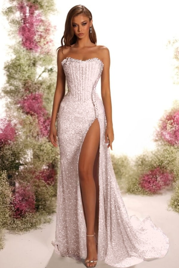 Strapless Sleeveless Long Split Prom Dress With Pleated Sequins ZT0541