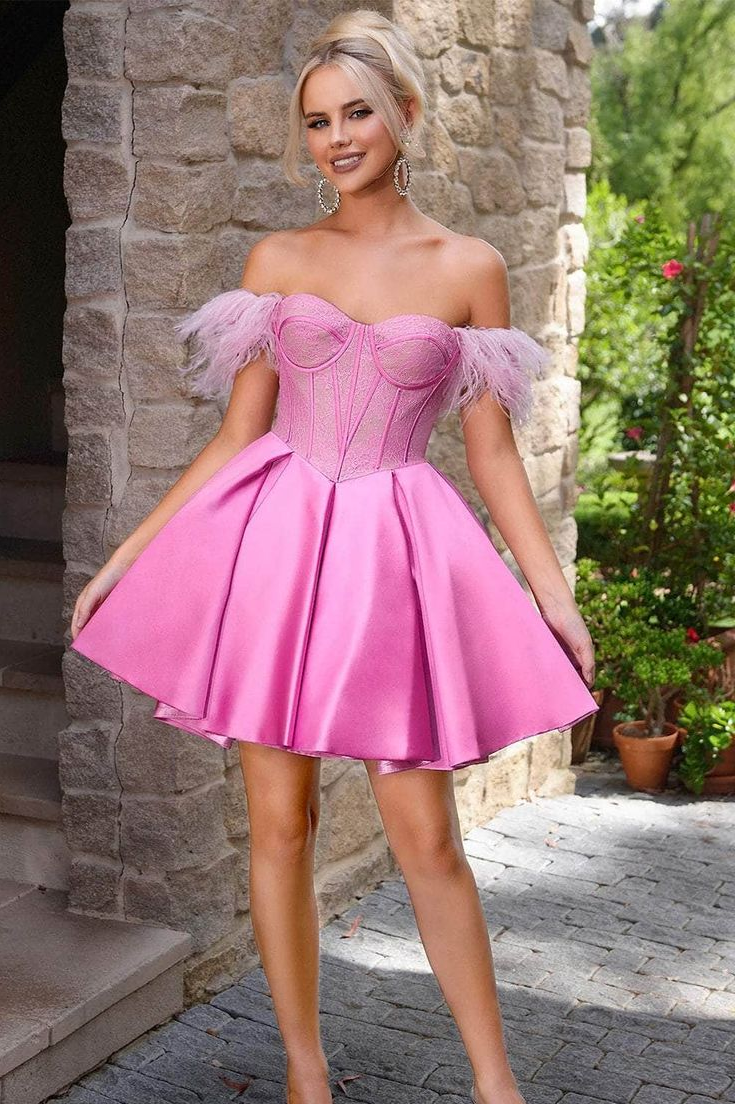 Off the Shoulder Sweetheart Sleeveless Short A Line Homecoming Dress With Feather HC0176