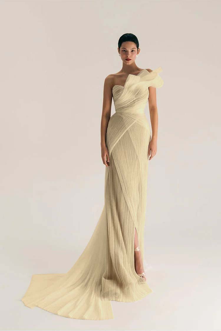 Chic One Shoulder Sleeveless Long Split Prom Dress With Pleated XJ0906