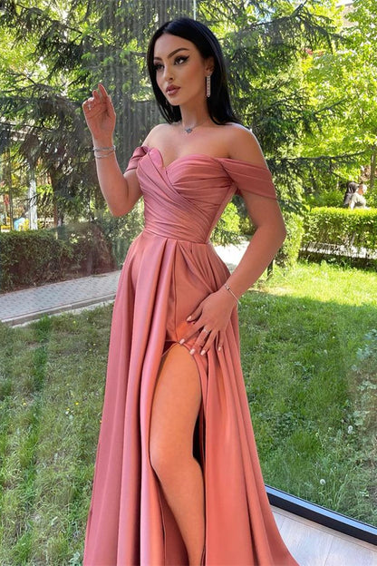 Dusty Pink Glorious Off-The-Shoulder Evening Front Split Prom Dress With Sweetheart | Zelldresses