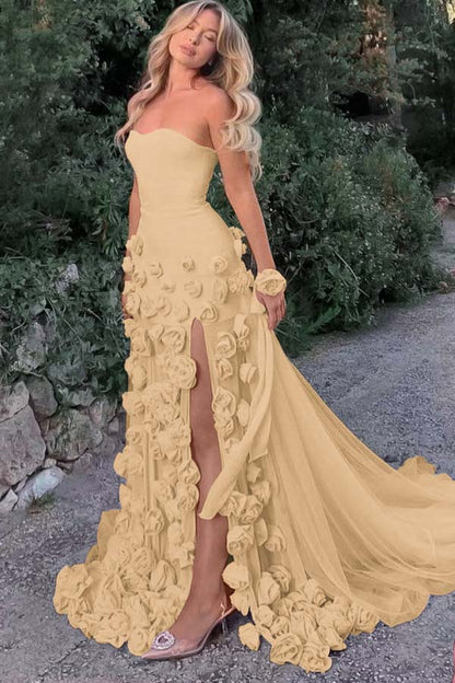 Amazing Pink Satin Strapless Sleeveless Tulle Split Prom Dress with Flowers | Zelldresses