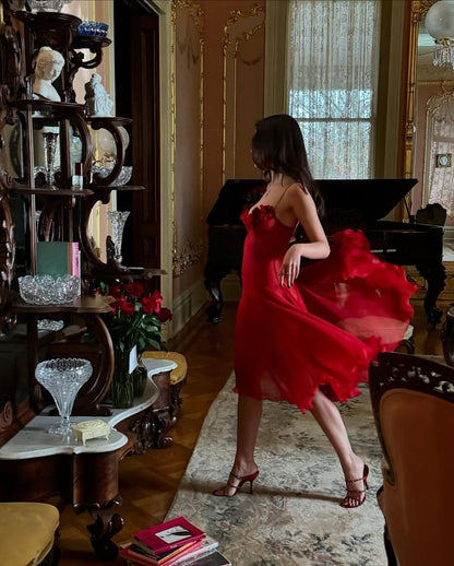 Sexy A Line Spaghetti Strap Flower Burgundy Chiffon Short Party Dress Evening Dress SH2826