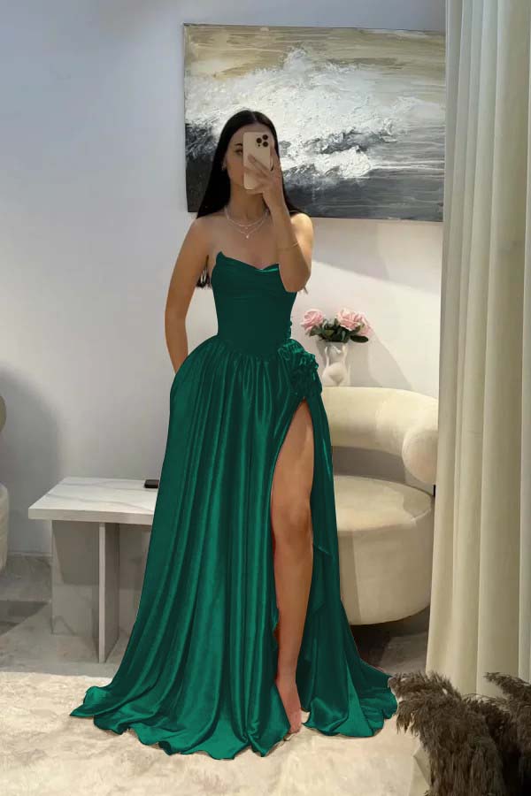 Elegant Pink Satin Strapless Beaded Sleeveless Pleated Split Prom Dress | Zelldresses