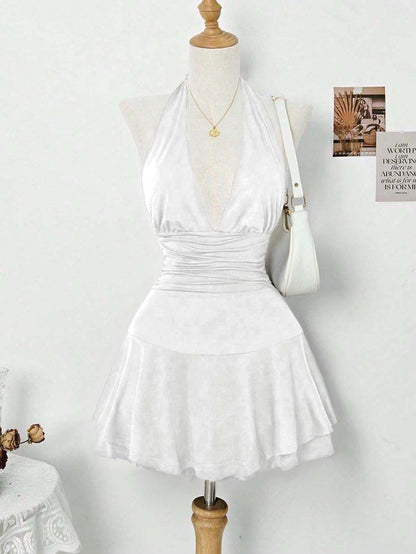 Halter Deep V Neck Sleeveless Short Homecoming Dress With Pleated HC0167