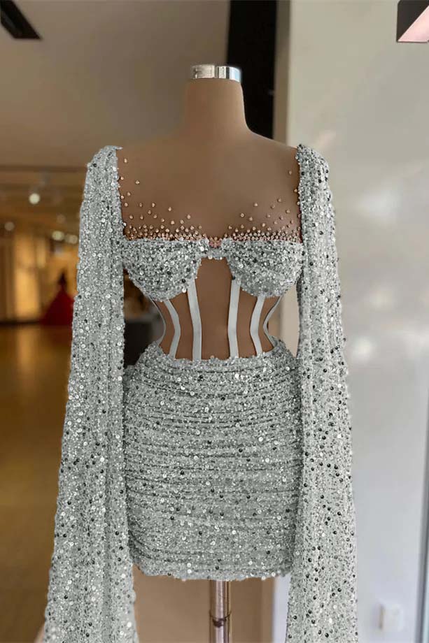 Hellodresses Sequins Square Long Sleeves Pleated Short Homecoming Dress With Beadings