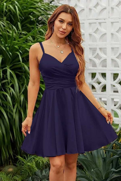 Pink Satin V Neck Spaghetti Strap Sleeveless Pleated Short Homecoming Dress YZTS072