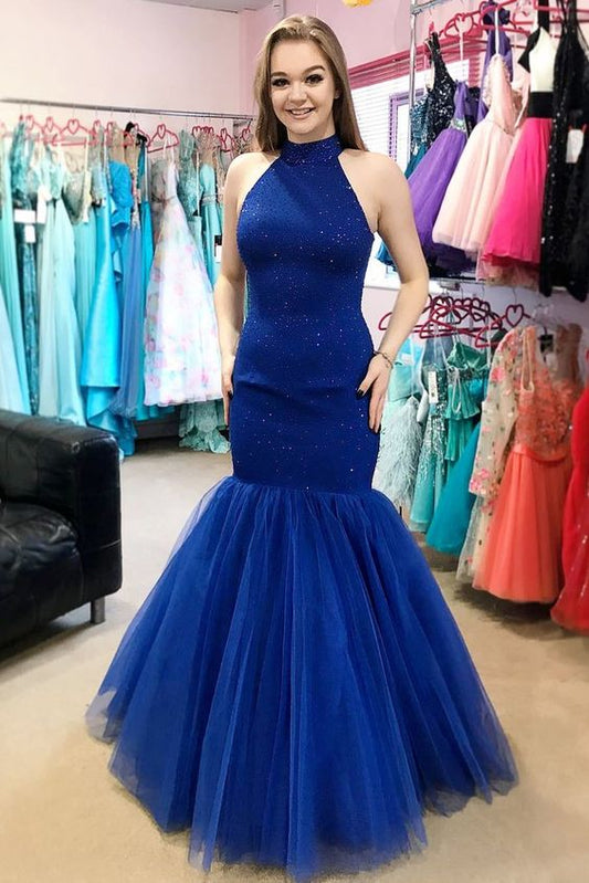 Royal Blue Prom Dress Halter Neckline, Back To School Dresses, Prom Dresses For Teens, Pageant Dress, Graduation Party Dresses  cg10453