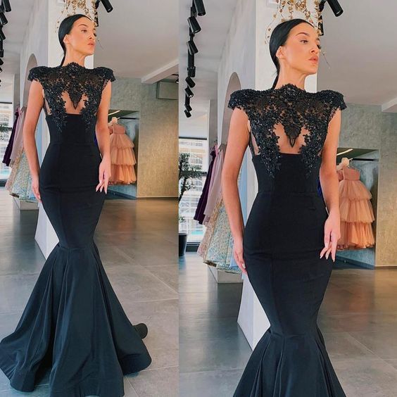 black prom dresses crew neckline lace appliques cap sleeve mermaid evening dresses  Prom Dresses    cg10750