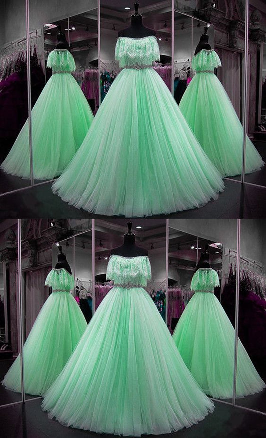Chic Boho Style Mint Green Prom Dresses Ball Gowns Lace Ruffle Sleeves Evening Gowns Off The Shoulder   cg11569