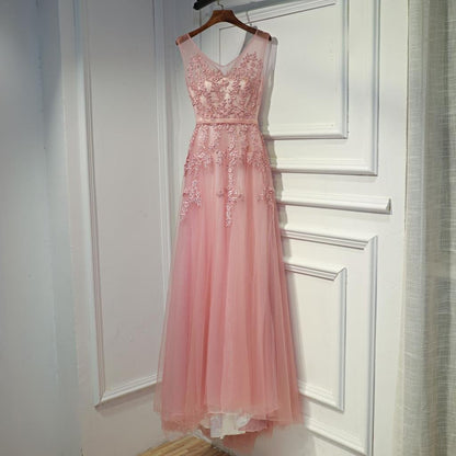 Pink V-Neckline Tulle Long Party Dress, Pink Prom Dress Formal Dress    cg13565