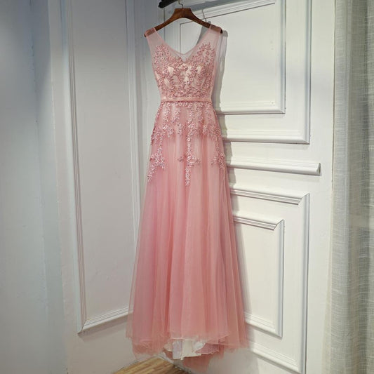 Pink V-Neckline Tulle Long Party Dress, Pink Prom Dress Formal Dress    cg13565