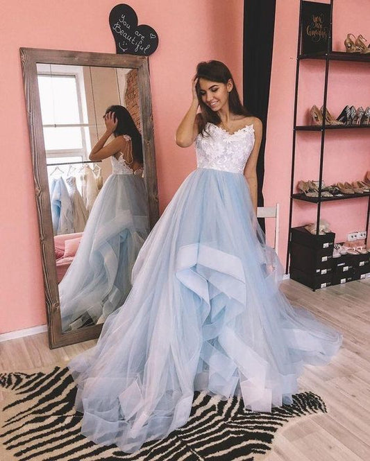 Sky Blue Prom Dresses Tulle Dress with Lace   cg13995