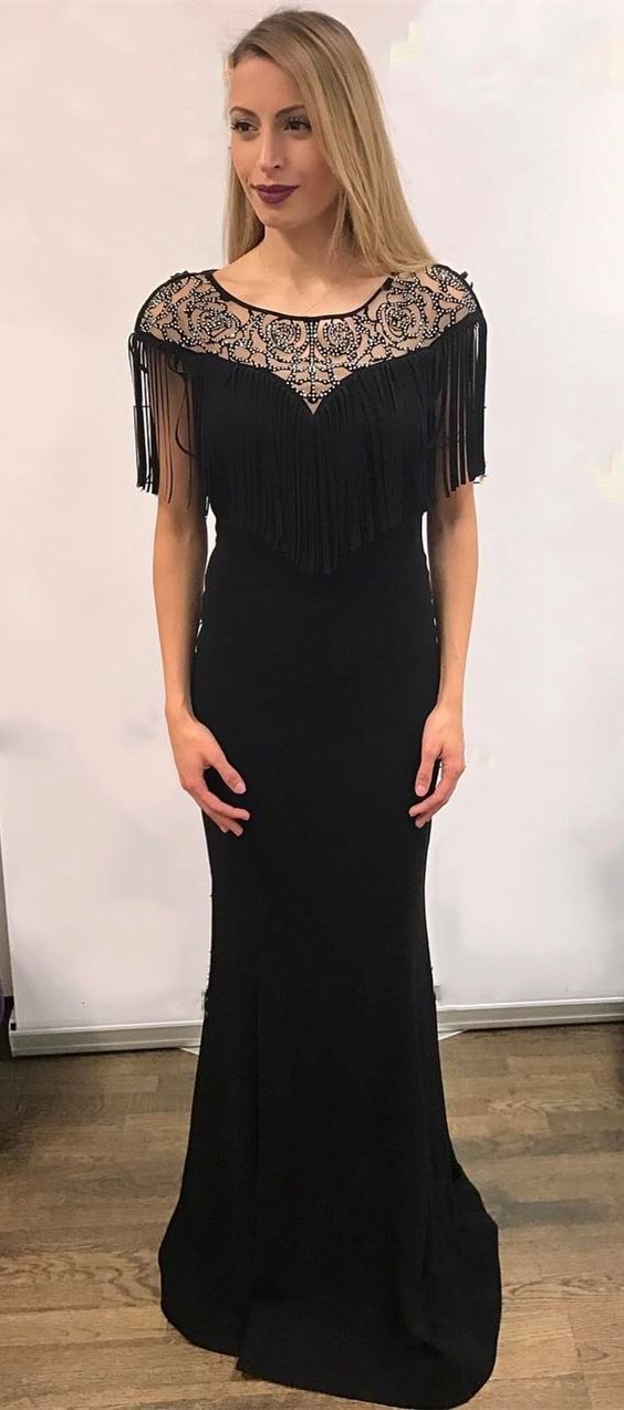 Mermaid Round Neck Floor-Length Black Prom Dress with Beading Tassel   cg14895