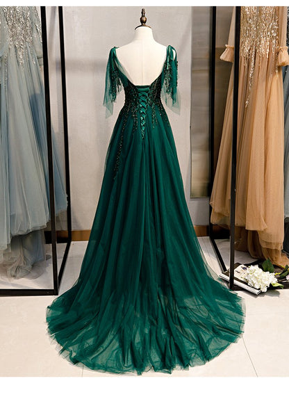 Elegant V-Neckline Straps Tulle Long Junior Prom Dress, Green Prom Dress 2021   cg14974