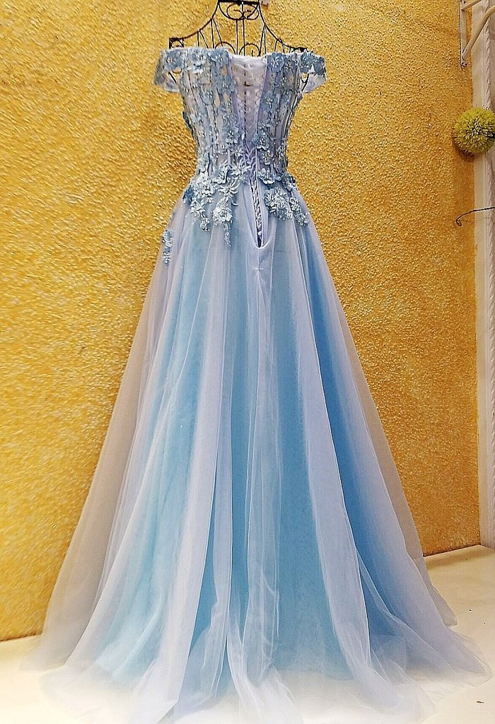 Light Blue Off Shoulder Tulle Lace Applique Party Dress, Blue Prom Dress 2021   cg16206