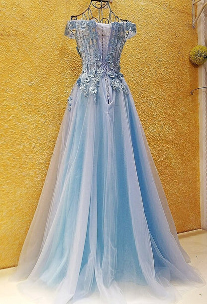 Light Blue Off Shoulder Tulle Lace Applique Party Dress, Blue Prom Dress 2021   cg16206