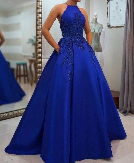 Royal Blue Prom Dress Halter Neckline, Pageant Dress, Evening Dress, Dance Dresses   cg17163
