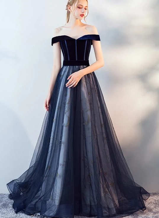 Navy Blue Off Shoulder Tulle With Velvet Long Party Dress, Blue Prom Dress, Evening Dress   cg17201