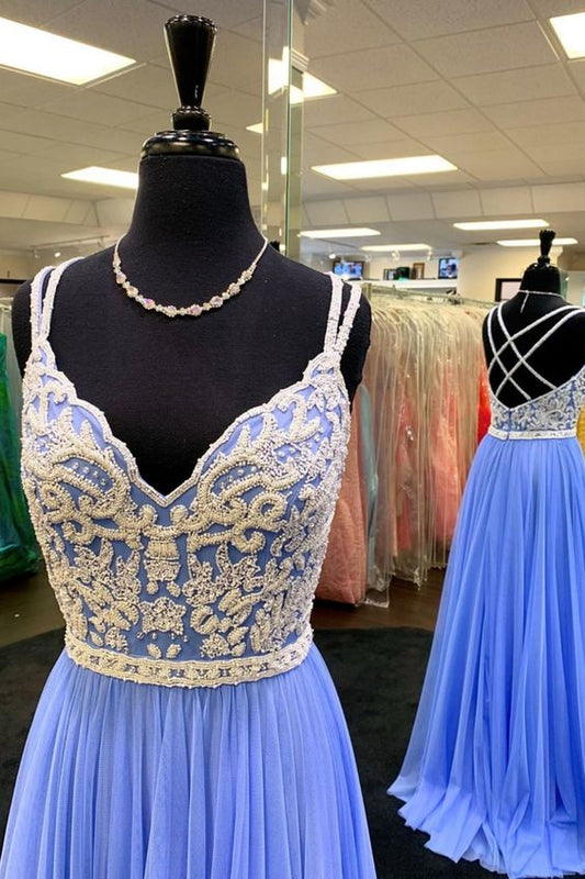 Double Straps Beaded Blue Prom Dress    cg17579