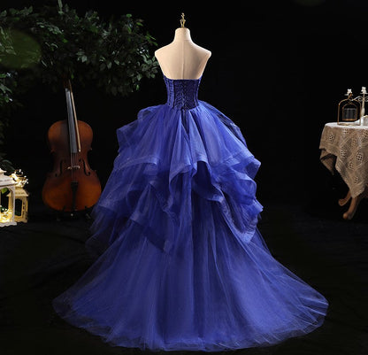 High Low Blue Prom Dresses Ruffles Tiered Crystal Beaded Top Formal Women Party Dress Long Gown Plus Size    cg16072