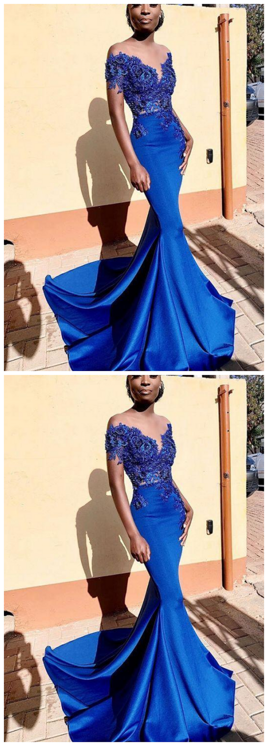 Mermaid Beading Appliques Royal Blue Prom Dresses    cg19515